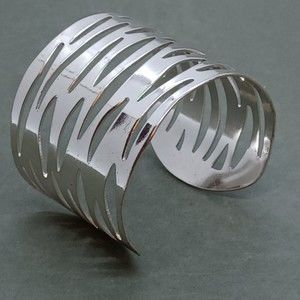 Silvertone Cuff Bracelet Oval Striped Cutout Pattern 2 inches  Wide Unisex